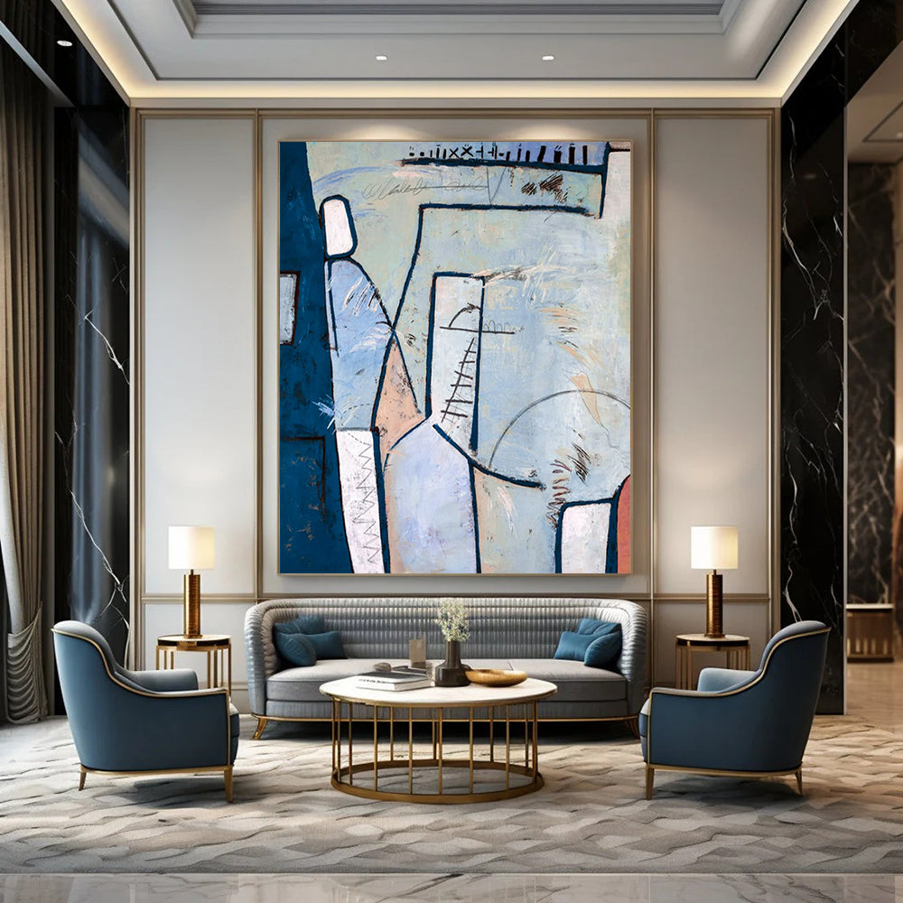 Blue - Toned Geometric Abstract with Linear Details Painting On Canvas CT2393