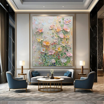 Impasto Flower Garden in Pastels - Impasto Floral Painting On Canvas DKH1384