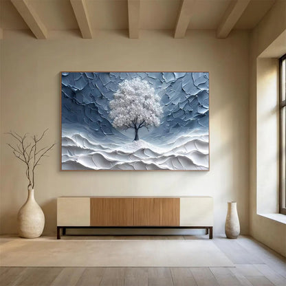 “White Tree in Textured Blue” - Minimalist Impasto Painting On Canvas DKH829