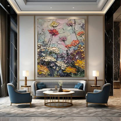 “Textured Colorful Flower Garden” – Impasto Floral Oil Painting On Canvas CT2142
