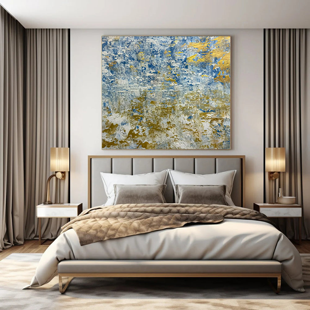 Blue and Gold Textured Waves - Abstract Impasto Painting CT1224