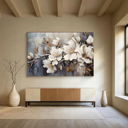 “Elegant Magnolias” - White, Gray, Gold Textured Floral Impasto Painting On Canvas DKH707