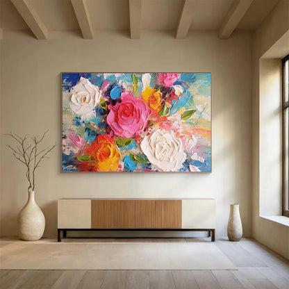 Textured Flower Bouquet - Pink, White, Yellow & Blue Floral Painting On Canvas DKH884