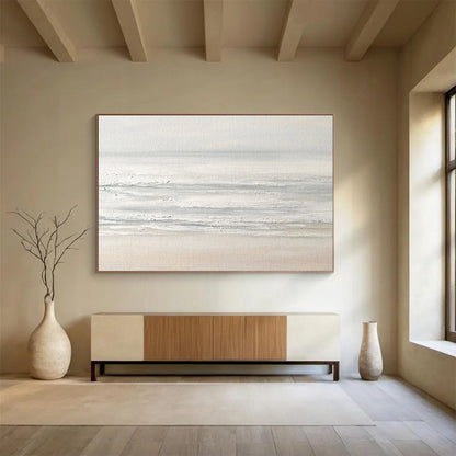 “Minimalist Seaside”：Subtle Gray White Coastal Painting On Canvas DKH258