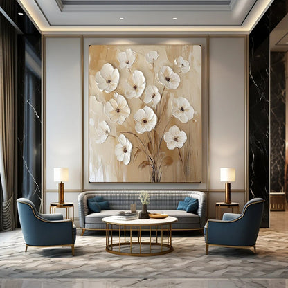 “Textured White Flowers on Beige” – Impasto Floral Oil Painting On Canvas CT2155