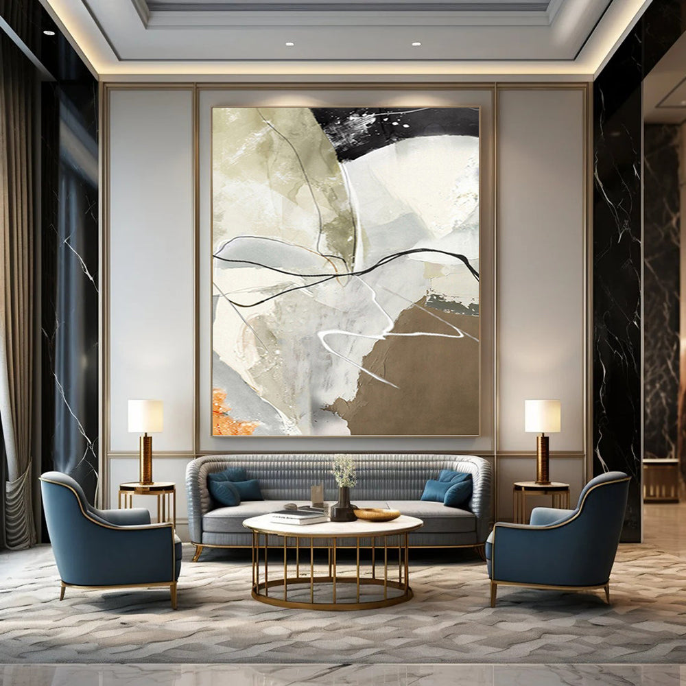 “Neutral & Black Abstract Lines” - Beige, Gray, Black & White Abstract Painting On Canvas DKH1225