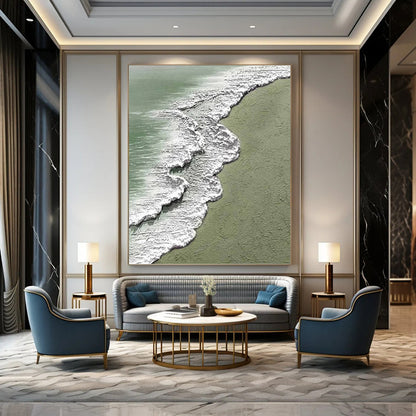 “Textured Beach Waves” - Green, White & Blue Textured Seascape Painting On Canvas DKH1200