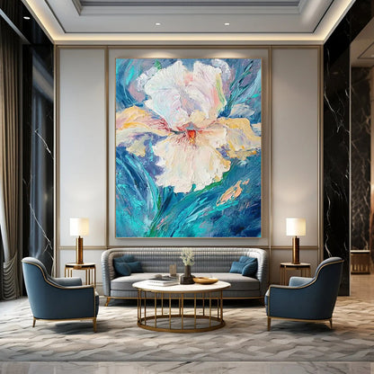 “Textured White Flower on Blue” - White, Pink & Blue Impasto Floral Painting On Canvas DKH0942