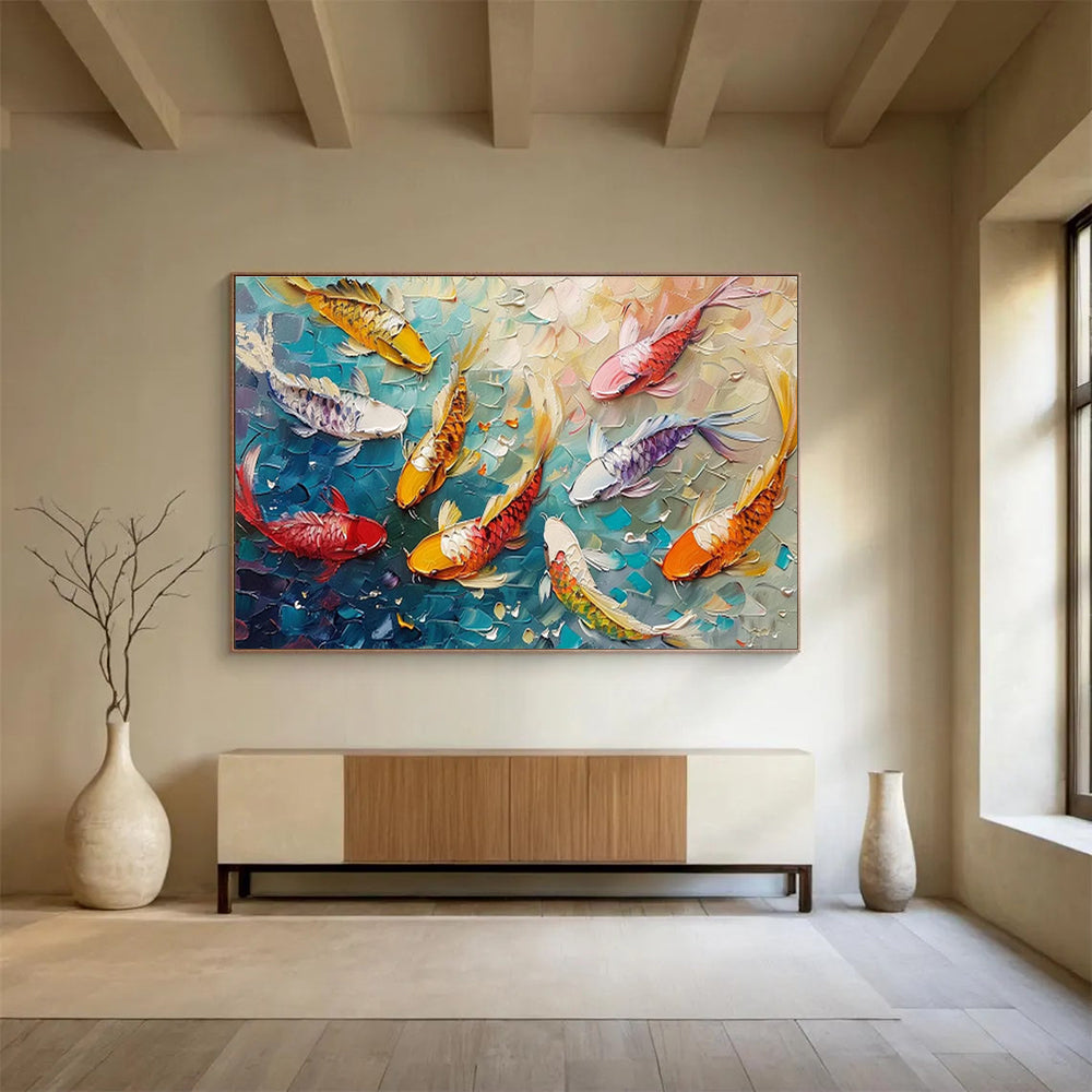 “Koi Celebration” - Colorful, Textured Fish & Water Impasto Painting On Canvas DKH705