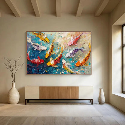 “Koi Celebration” - Colorful, Textured Fish & Water Impasto Painting On Canvas DKH705