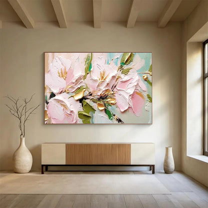 “Pink Flowers with Gold Accents”：Textured Floral Painting On Canvas DKH253