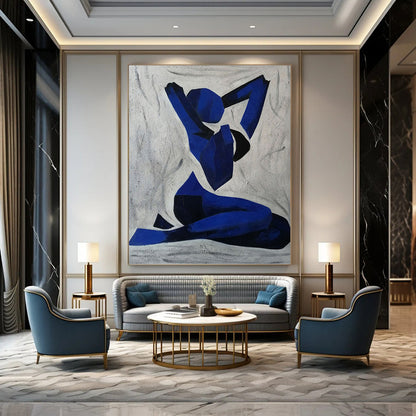 “Blue Figure” - Geometric Blue and Black Abstract Figure Painting On Canvas DKH1568