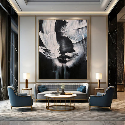 “Black, White Abstract Face ‘Mystery in Monochrome’” - Textured Figurative Painting On Canvas DTP331