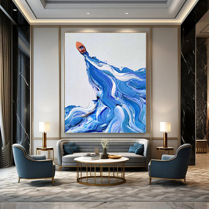 “Blue, White, Orange Boat ‘Ocean Voyage’” - Impasto Sea & Boat Painting On Canvas DTP321