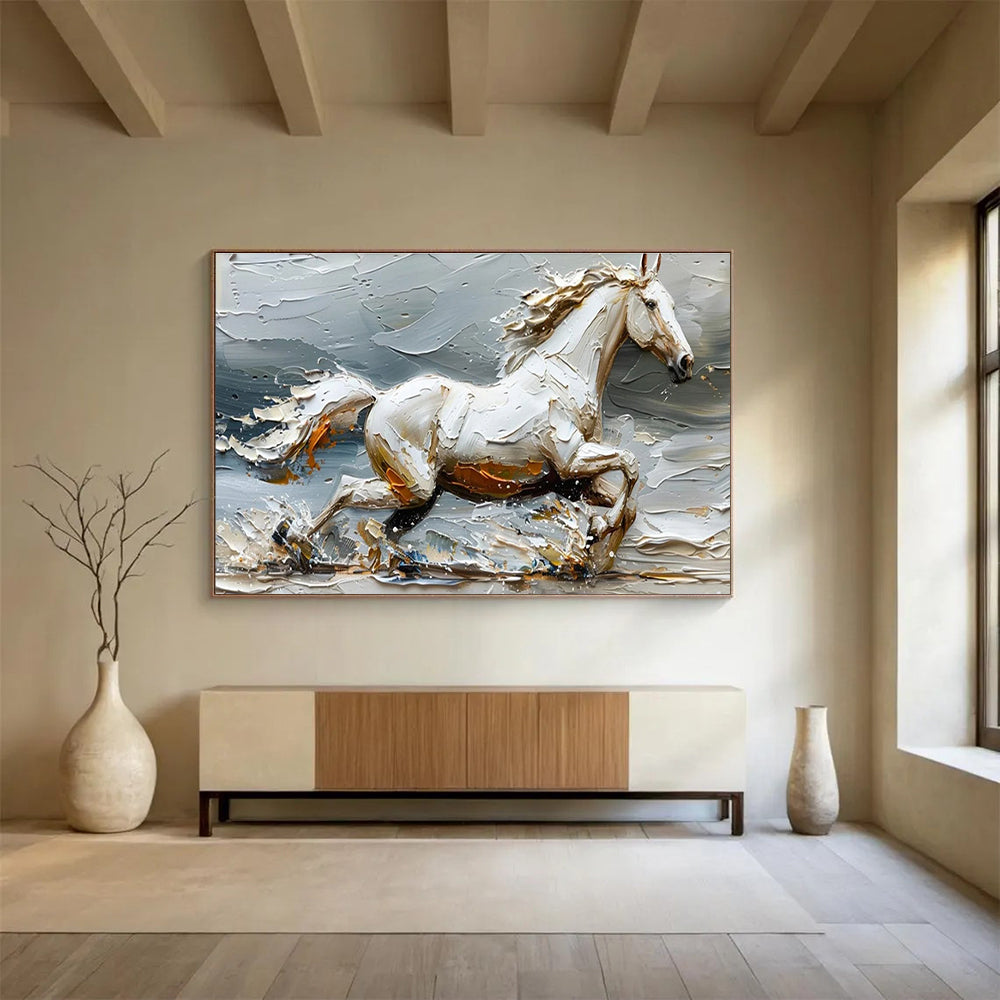 “Galloping White Horse” - Textured Equine Painting On Canvas DKH812