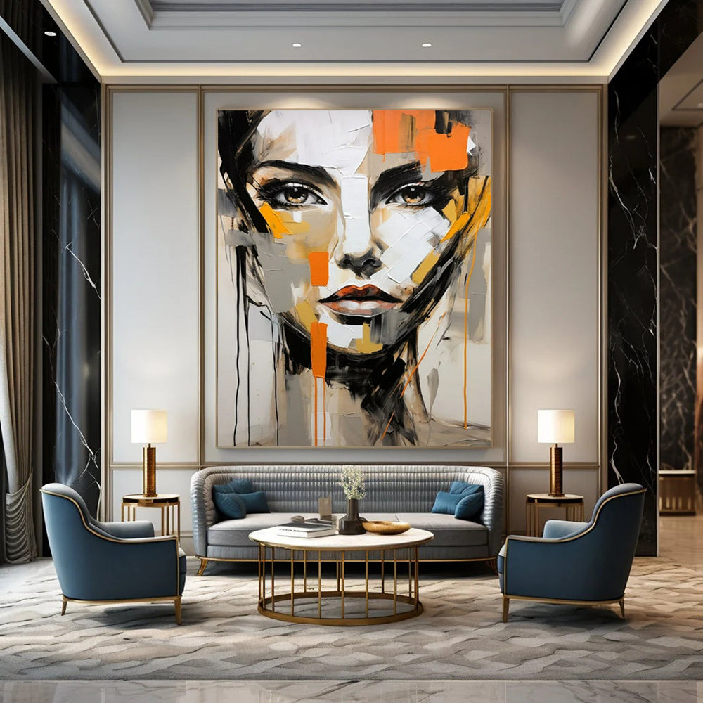 “Abstract Face” - Gray, Orange & Black Portrait Painting On Canvas CT2215