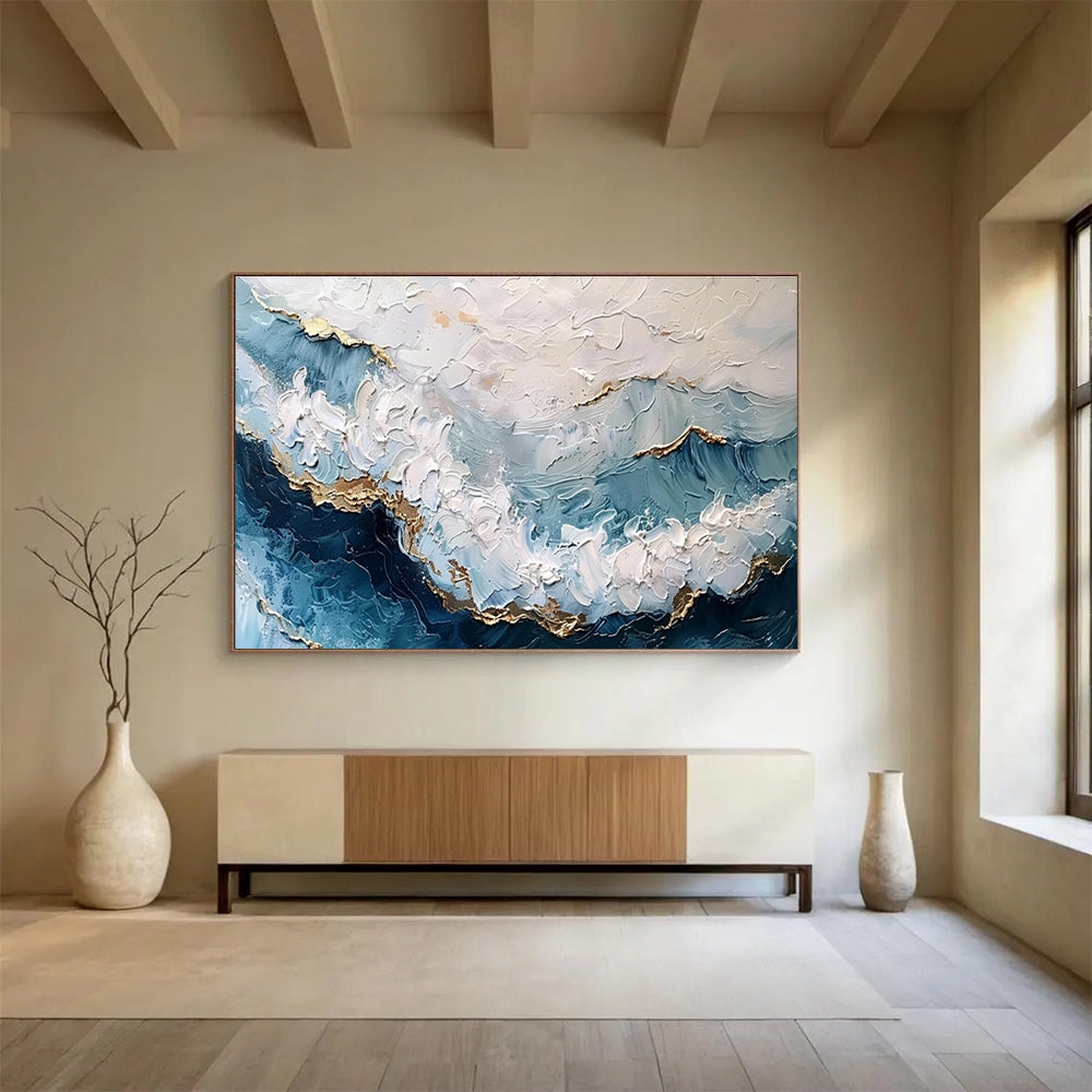 “Blue, White & Gold Textured Waves” Impasto Seascape Painting On Canvas DKH347
