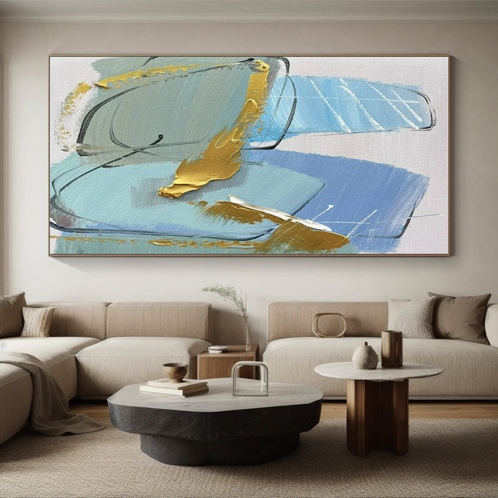 “Blue - Gold - Gray Geometric Abstraction” ，Abstract Acrylic Painting CT0796