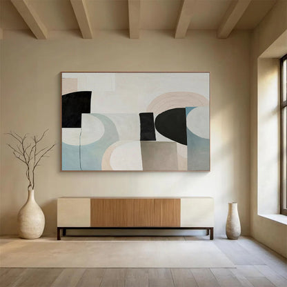 Pastel Geometric Harmony with Beige, Blue, and Black, Abstract Mid - Century - Style Painting On Canvas DKH583