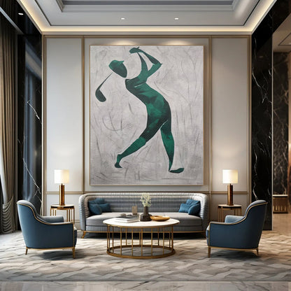 “Golfer in Green” - Green and Gray Abstract Golfer Silhouette Painting On Canvas DKH1561