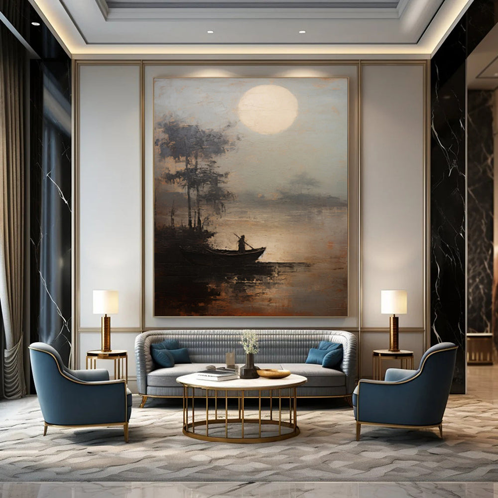 “Moonlit Lake Fisherman” – Atmospheric Landscape Oil CT2094