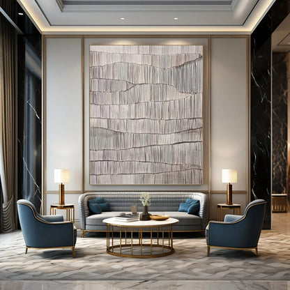 “Repetitive Gray Ridges” - Gray & White Minimalist Textured Painting On Canvas DKH1034