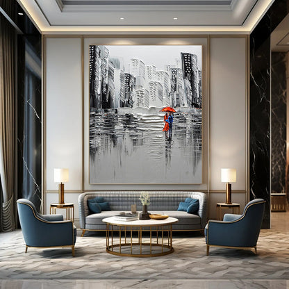“Urban Rain Romance in Grayscale & Red” - Textured Cityscape Painting On Canvas DKH1600