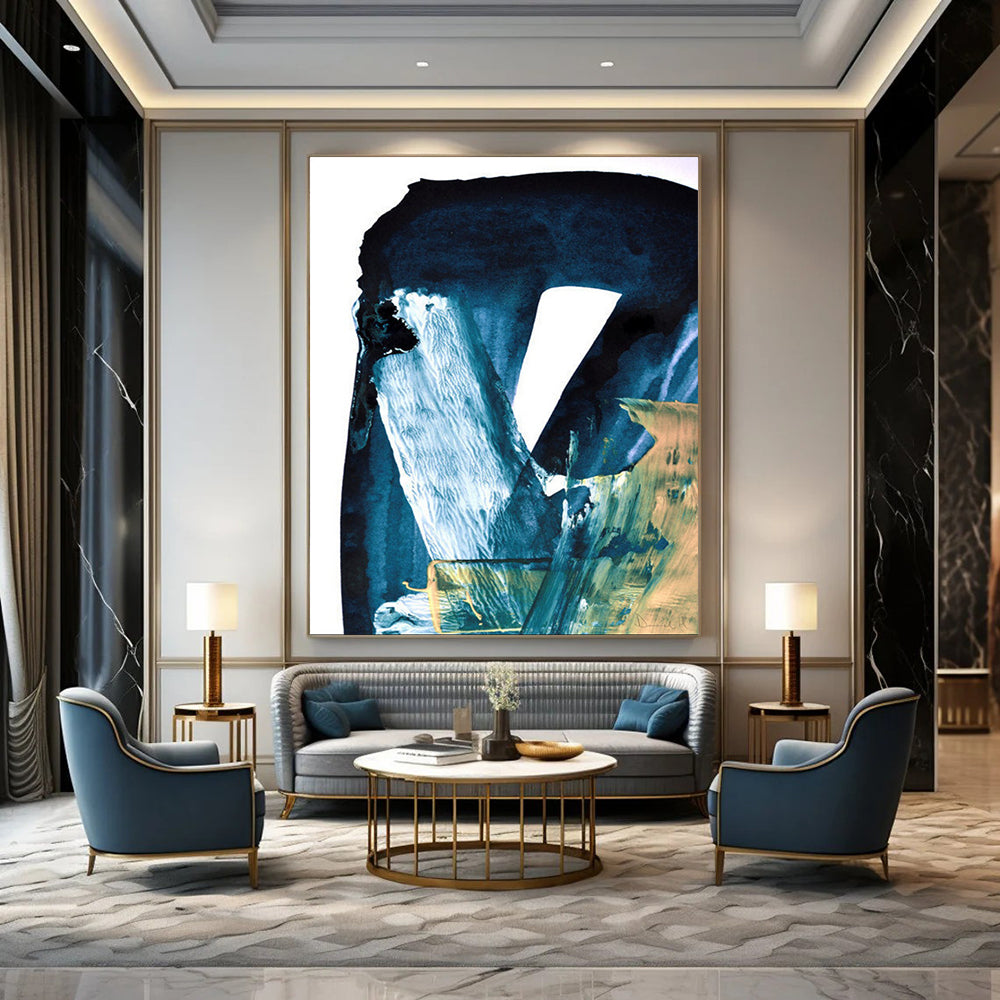 “Deep Blue - White - Gold Abstract” - Abstract Ink - Inspired Painting On Canvas DTP190