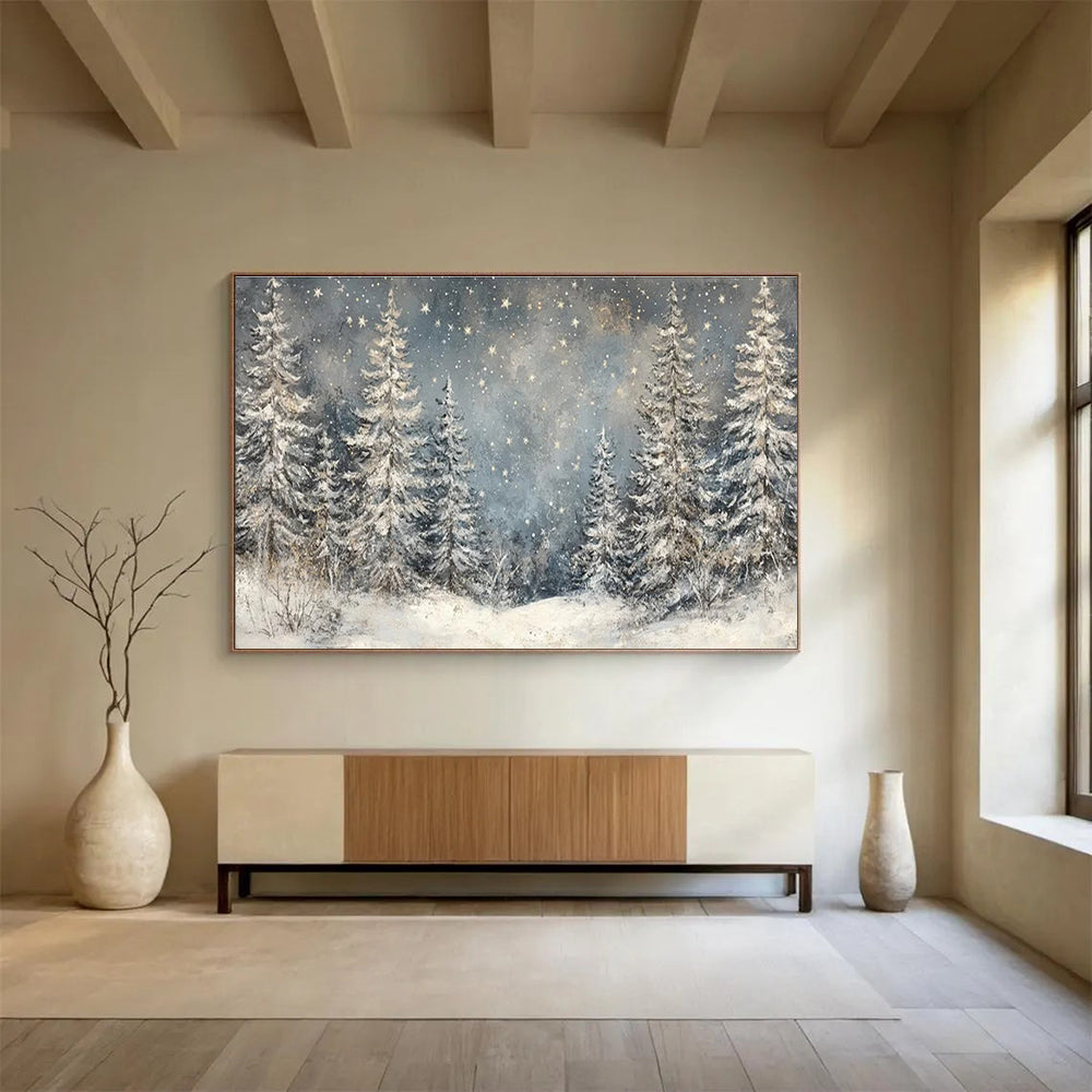 “Snowy Forest Starry Night” - Enchanting Winter Painting On Canvas DKH810