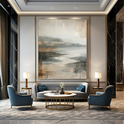 “Muted Tonal Landscape” - Gray, Brown & Beige Impressionistic Seaside Painting On Canvas DKH1001