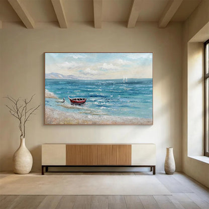 Blue Sea and Red Boat - Impressionist Seascape Painting On Canvas DLZ224