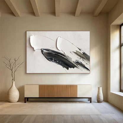 Minimalist Black & White Strokes - Gray, Black & White Abstract Painting On Canvas DKH908