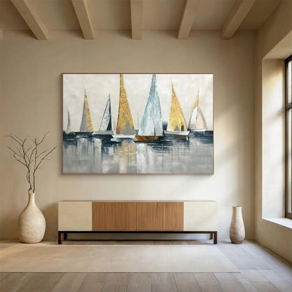 “Gold and Gray Sailboat Abstract” Painting On Canvas DKH169