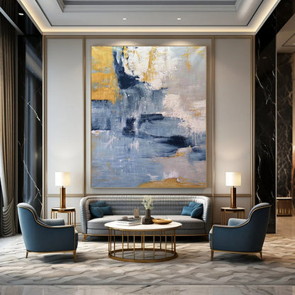 “Blue - Gold Abstract Cascade” - Blue, Gold, Gray Abstract Painting On Canvas DTP253