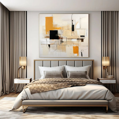 Beige, Orange, Black & White Geometric Abstraction - "Linear Harmony" - Abstract Acrylic Painting CT1461