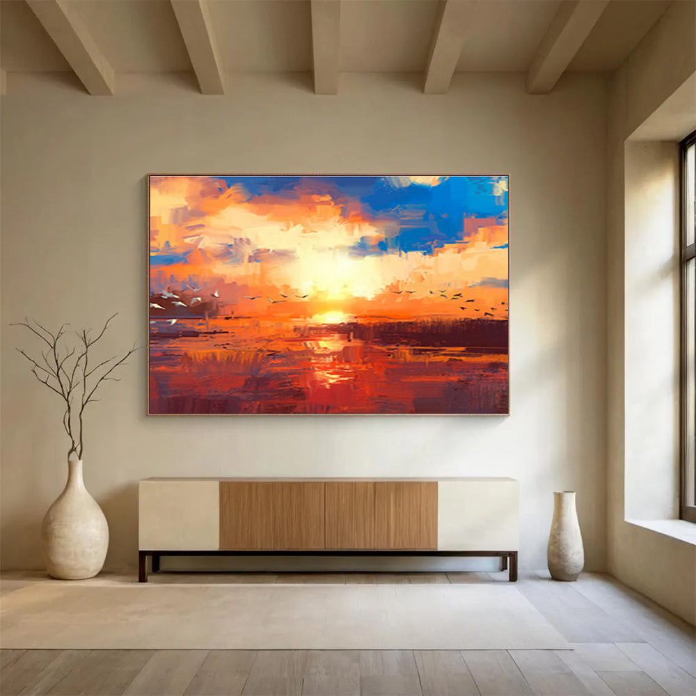 “Vibrant Sunset with Birds” Abstract Landscape Painting On Canvas DKH387