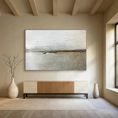 “Textured Neutral Divide” - White, Gray, Brown Minimalist Abstract Painting On Canvas DKH754