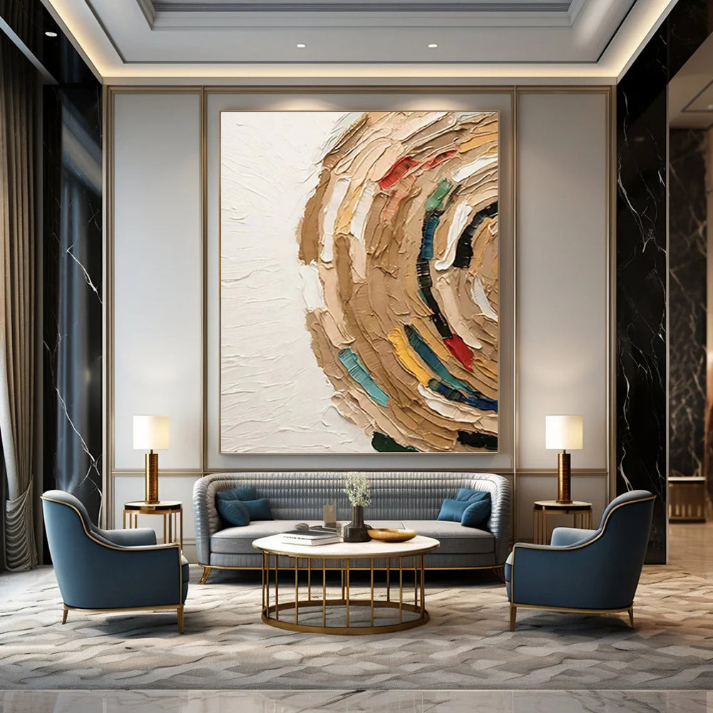 “Textured Circular Abstract with Earth Tones and Colorful Accents” - Impasto - Style Painting On Canvas DKH1118