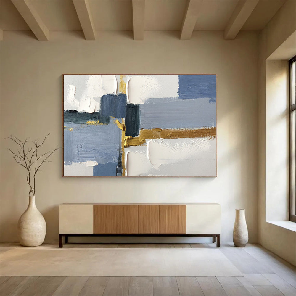 Geometric Blue and Gold Abstract Painting On Canvas DKH311