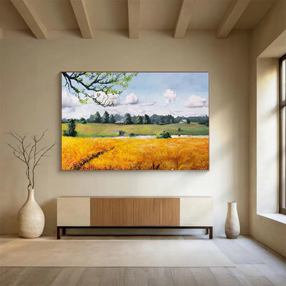 Golden Field and Cottage - Realist Landscape Painting On Canvas DLZ208