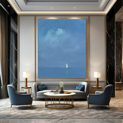 “Distant Voyage: Tiny Sail on Vast Blue” - Abstract Nautical Oil on Canvas CT1879