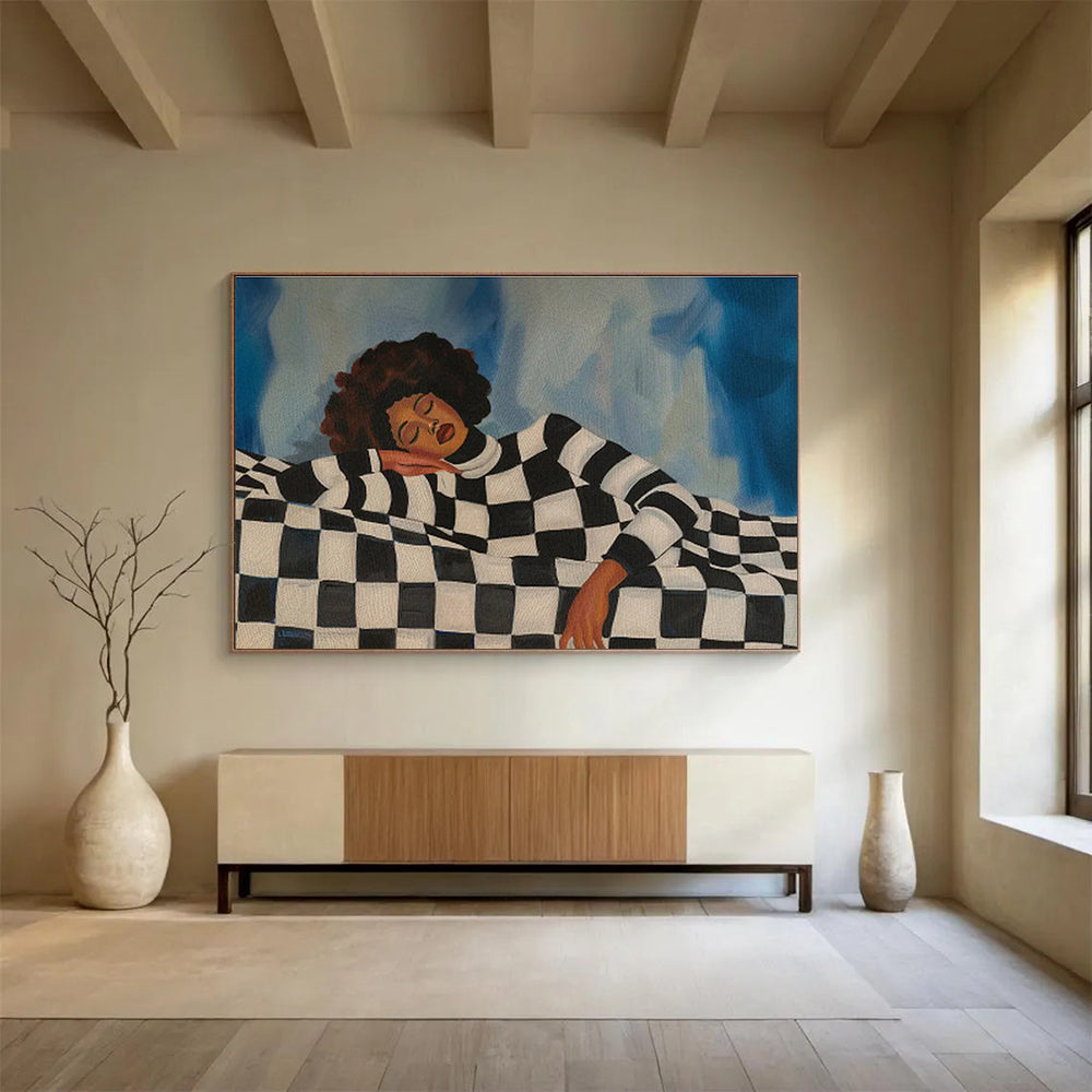 Woman on Checkered Couch Serene Portrait Painting On Canvas DKH225