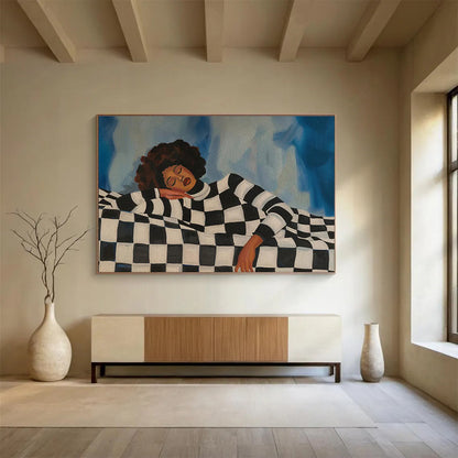Woman on Checkered Couch Serene Portrait Painting On Canvas DKH225
