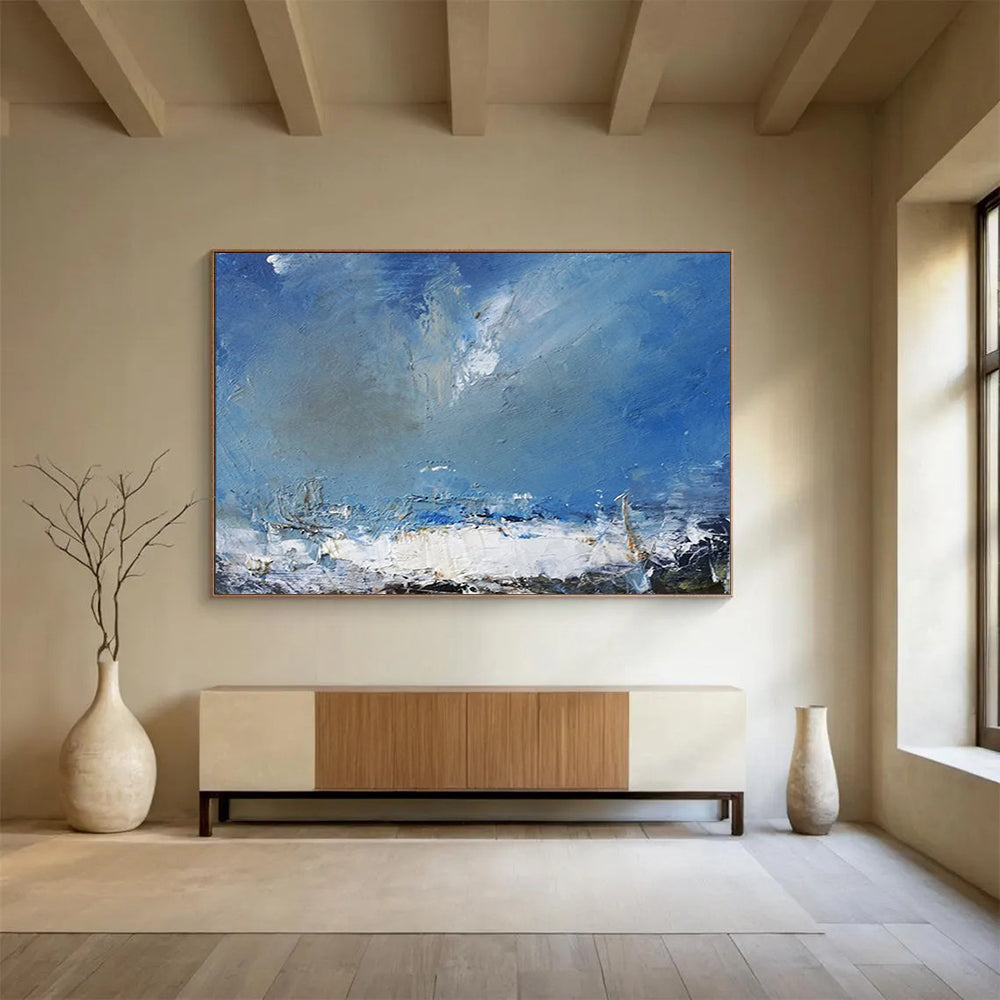 “Blue, White, Textured Seaside ‘Rough Coastal Sky’” - Impasto Seascape Painting On Canvas DLZ031