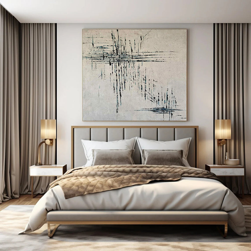 Beige with Blue Dripping Lines - Abstract Expressionist Acrylic On Canvas CT1315