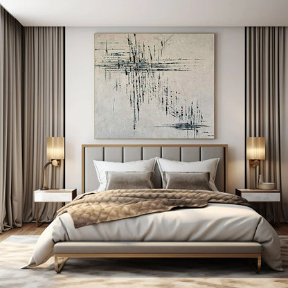 Beige with Blue Dripping Lines - Abstract Expressionist Acrylic On Canvas CT1315