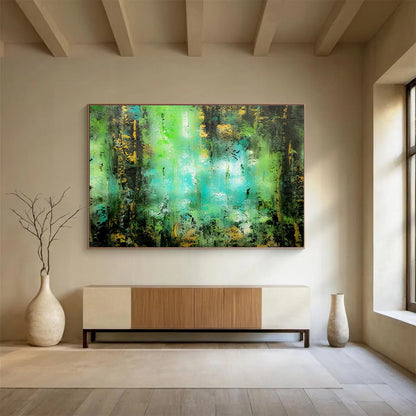 “Emerald & Gold Forest Whispers” - Green, Blue & Yellow Abstract Landscape Painting On Canvas DKH921