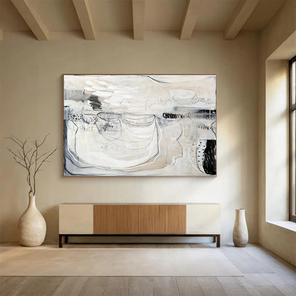 Monochrome Abstract with Linear Details “Ethereal Monochrome” Painting On Canvas DKH074