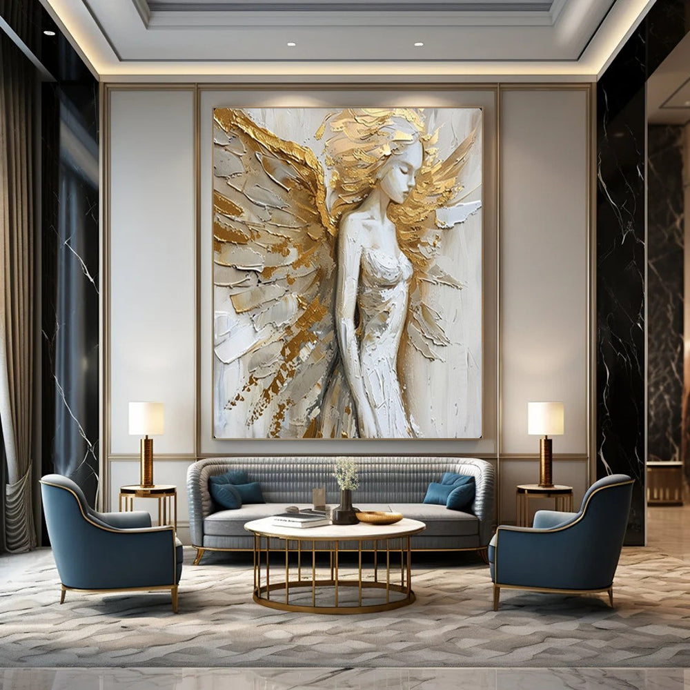 “Golden - Accented Angel Figure” – Textured Religious - Inspired Oil Painting On Canvas CT2138