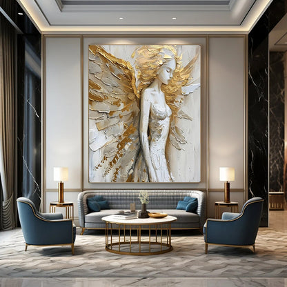 “Golden - Accented Angel Figure” – Textured Religious - Inspired Oil Painting On Canvas CT2138